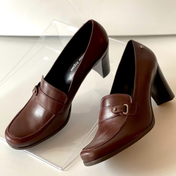 Etienne Aigner Brown Leather Platform Pumps Heels Chunky Block Heels E-Tartan, 8 - Picture 2 of 11